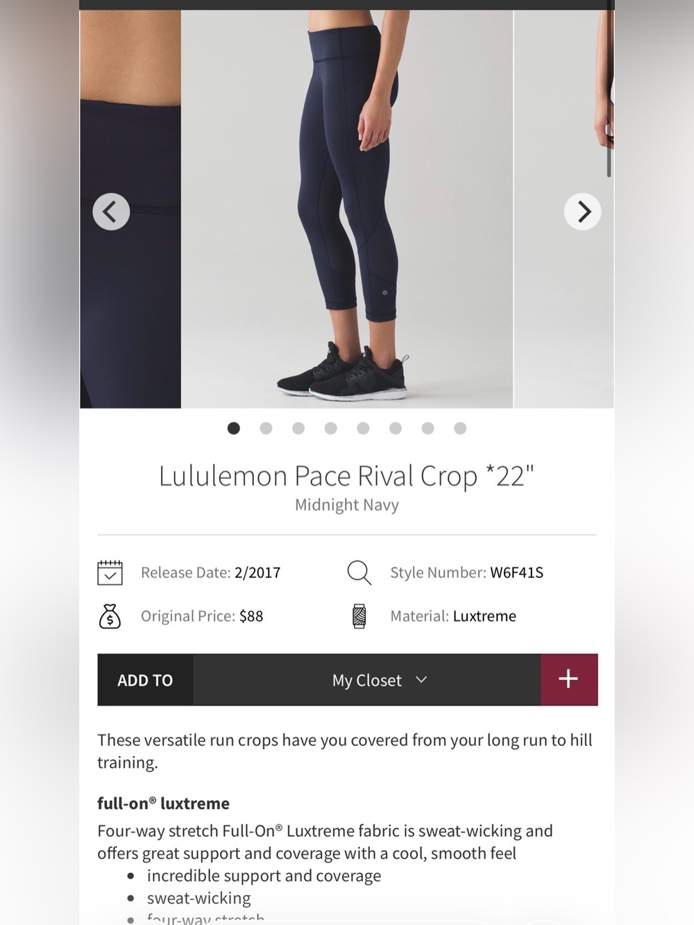 Lululemon Pace Rival Crop *22" In Midnight Navy - Picture 6 of 6